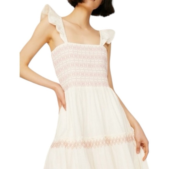 Madewell Lucie Smocked Embroidered Tiered Midi Dress -Lighthouse / Cream - Large - Picture 5 of 14